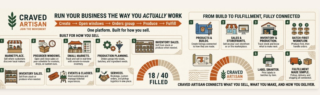 Run your business the way you work: marketplace, preorder windows, small markets, production planning, inventory, events and classes, services, and connected build to fulfillment.
