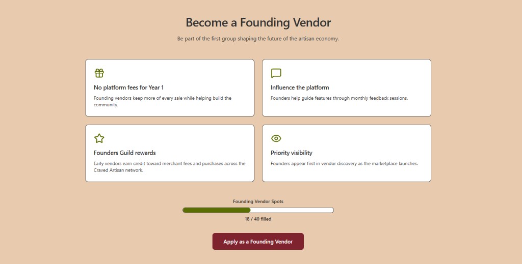 Become a founding vendor: benefits, founding vendor spots progress, and apply call to action.